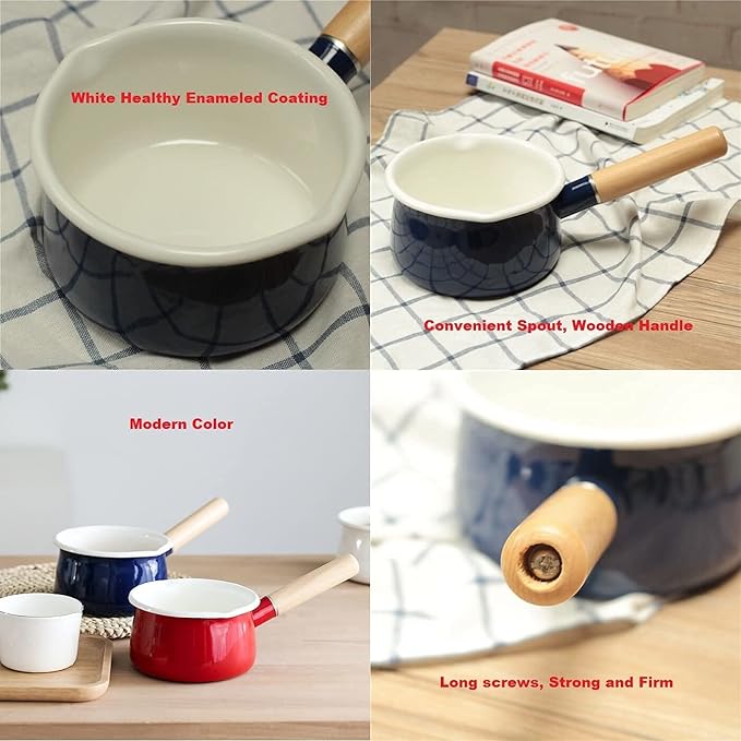 Enamel Milk Pan with Dual Pour Spout Butter Warmer Milk Pot for Stove Top Healthy White Enameled Inside Coating Iron 1QT Small Soup Pot with Wooden Handle (Blue)
