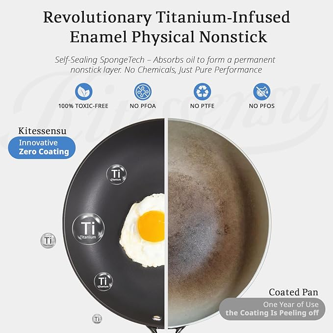KITESSENSU Enameled Cast Iron Skillets - Non Stick Frying Pans Set with Durable Wooden Handle - 8&10&12 In Titanium Cast Iron Pans for Multi-Cooking - Pre Seasoned Cookware Set - Gradual Cobalt Blue