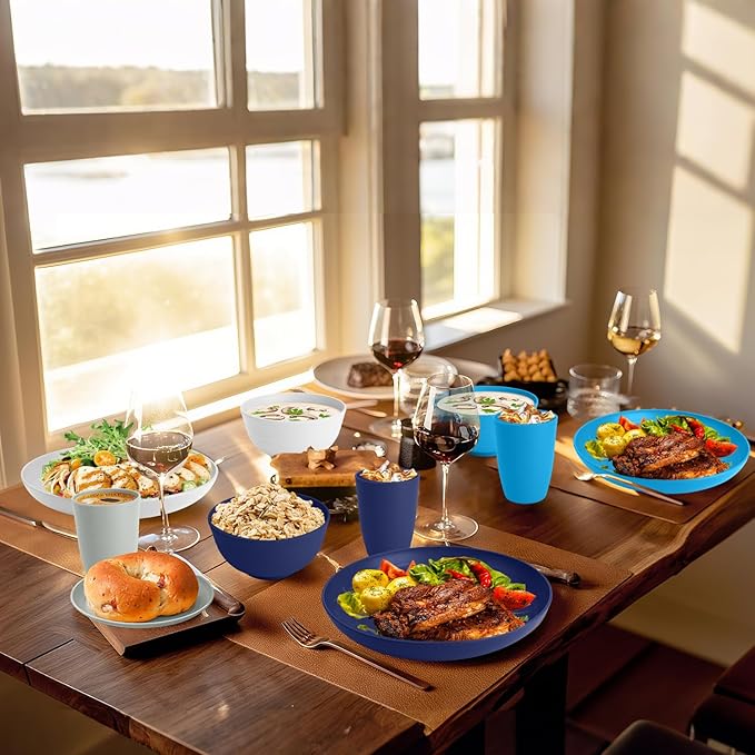 Homienly 32 PCS Plates and Bowls Sets, Unbreakable Wheat Straw Dinnerware Set, Microwave and Dishwasher Safe Dinnerware Sets, LIghtweight Dish Set for KItchen, Camping, Party - Island Series