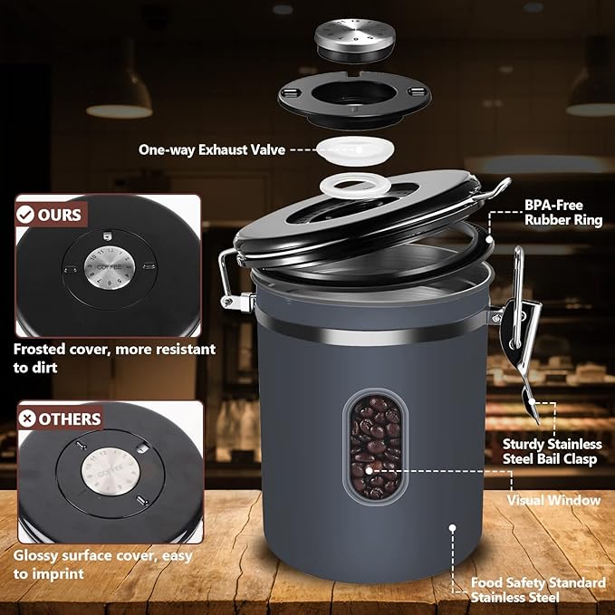 ROCKY&CHAO 2800ML Coffee Canister with Date Tracker&Transparent Window, 35OZ Coffee Container with 30ML Measure Spoon&4 co2 Valve, Coffee Bean Storage Container for Grounds Coffee, Beans, Tea(Gray)