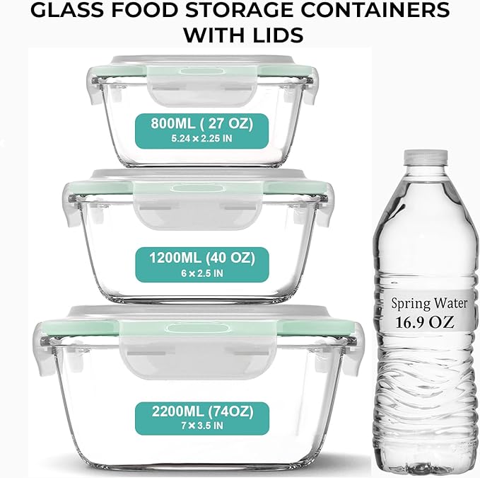 Razab 6 PC Square Glass Food Storage Containers with Airtight lids (74, 40 & 27 oz) Kitchen Glass Meal Prep Containers Set for Freezer Reusable Leftover Lunch Boxes, Oven, Microwave, Dishwasher Safe