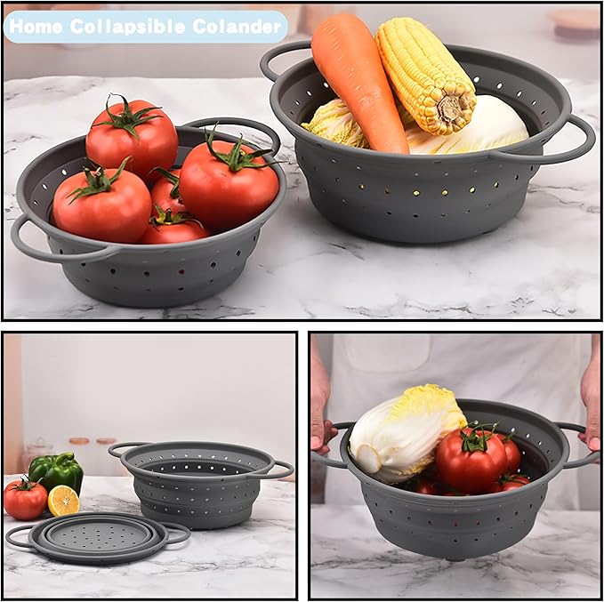 Collapsible Colander with Handle, Silicone Kitchen Colander for Easy Storage,Four-side Fast Draining Silicone Draining Basket, Perfect for Fruits Vegetables (Gray L)