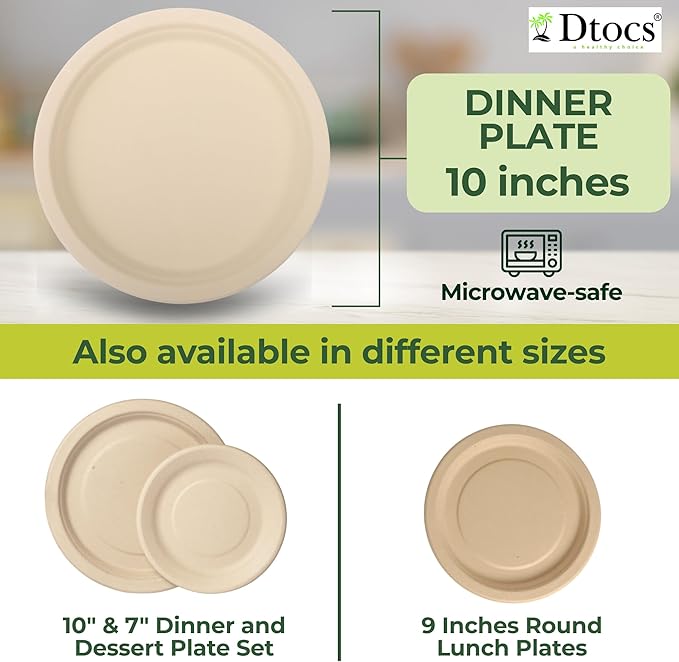Dtocs Bamboo Fiber Plates 10 Inch Round (50 Pcs) | Bamboo Plate Disposable Dinnerware Set for Party, Dinner, BBQs, Wedding | Sustainable Platter for Hot, Cold Food | Alt to Plastic, Wood, Paper Plates