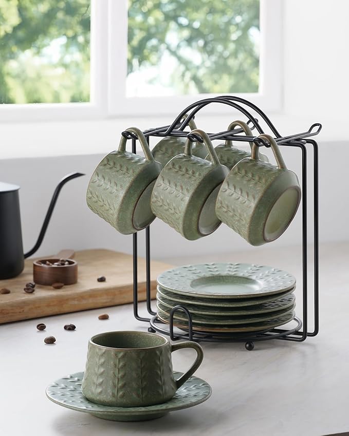 Espresso Cups Set of 6, 4 oz Demitasse Cups with Saucer and Metal Stand Small Coffee Cup Set, Porcelain Cappuccino Cups for Latte, Cafe Mocha and Tea, Green