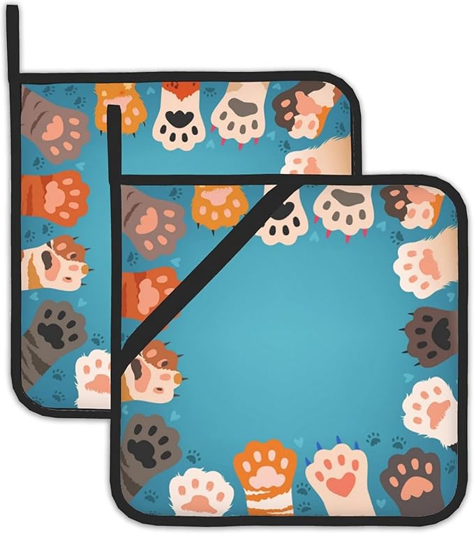 2PCS Cute Cat Paws Pot Holder with Loop,Heat Resistant Oven Pads, Hot Pat for Kitchen Cooking Baking Food