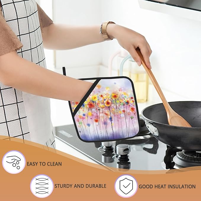Abstract Florl Pot Holders Set of 2, Kitchen Heat Resistant Potholder for Microwave Cooking Baking Oven End Dishes and BBQ