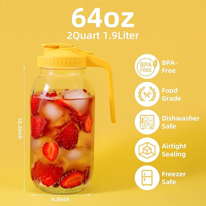 Glass Mason Jar Pitcher - 64 oz/2 Quart Wide Mouth Jug with Lid and Pour Spout, Airtight Seal, Leak Proof Iced Tea Pitcher for Sun Tea, Juice, Breast Milk, Cold Beverages, Coffe