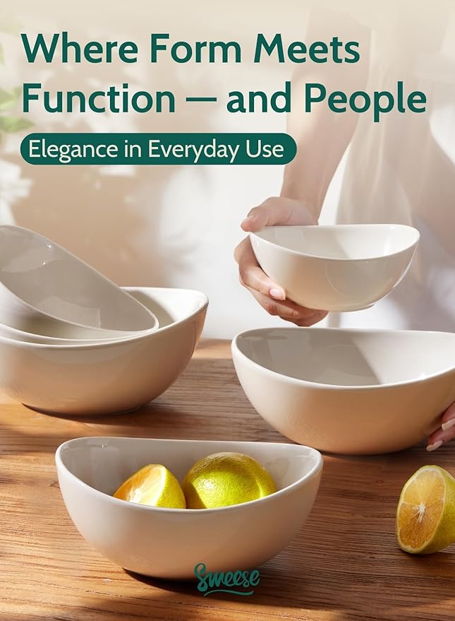 Sweese Porcelain Serving Bowls Set, 10-42 oz, Versatile for Salad, Soup, Snacks, Microwave Dishwasher Safe, White