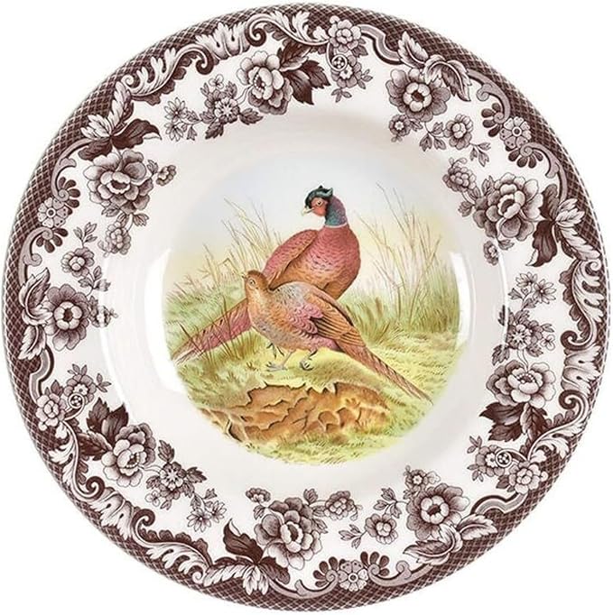 Spode Woodland Pheasant 9" Soup Plate - Rustic Fine Earthenware Bowl with Game Bird Design for Soup, Pasta or Salad - Dishwasher, Microwave, Oven & Freezer Safe - Mix & Match with Woodland or Delamere