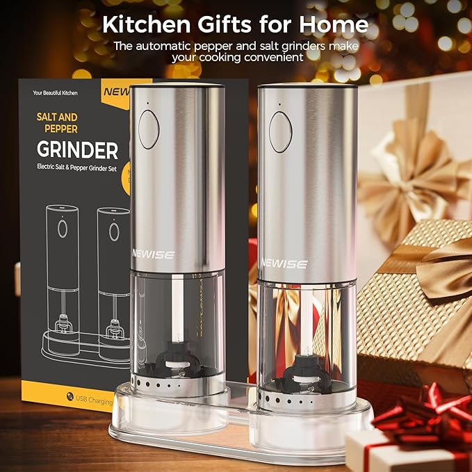 Electric Salt and Pepper Grinder Set, Rechargeable with LED Lights, Stainless Steel Automatic Pepper & Salt Mill, Adjustable Coarseness, Large Capacity, Silver
