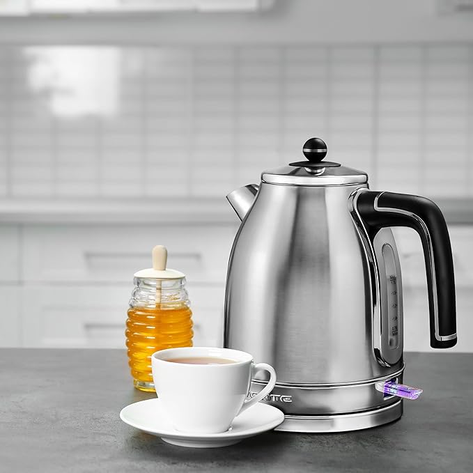 OVENTE 1.7L Electric Kettle, 1500W Fast Boiling Water Heater for Coffee or Tea with Stainless Steel BPA-Free and Cordless Body, Auto Shut-Off, Boil-Dry Protection and Removable Filter, Silver KS777S