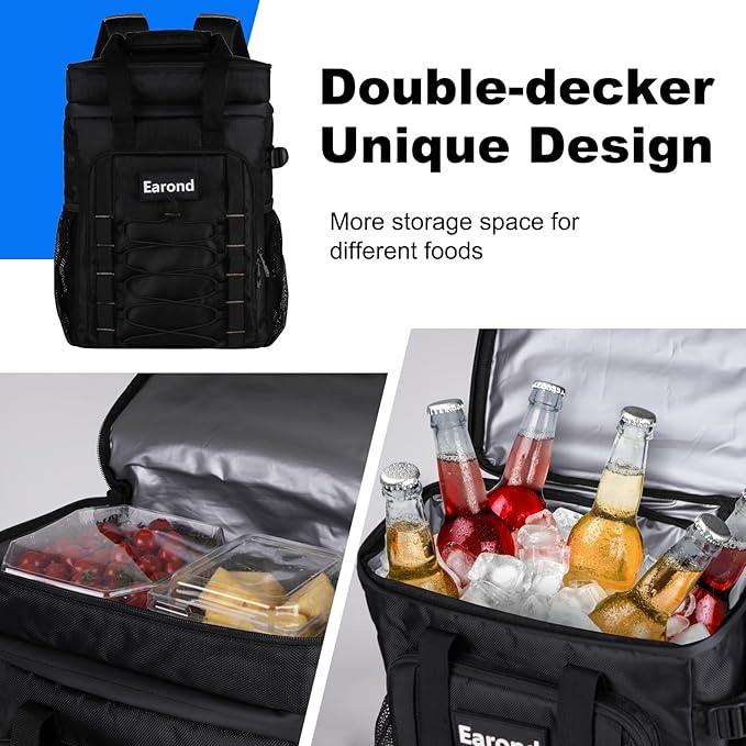 25L Insulated Cooler Backpack with Waterproof Zipper & Multi-Compartment Design Leakproof Lunch Bag for Beach, Camping, Office - Spacious Thermal Light-Weight Backpack for Men and Women-Black