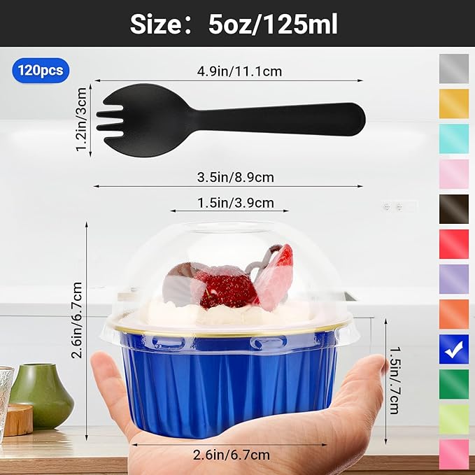 EUSOAR Mini Cake Pans with Lids and Sporks Individually Wrapped, 120pcs 5oz Creme Brulee Ramekins Disposable Cupcake Liners, Foil Ramekins Muffin Dessert Baking Cups for Wedding Picnic Gathering