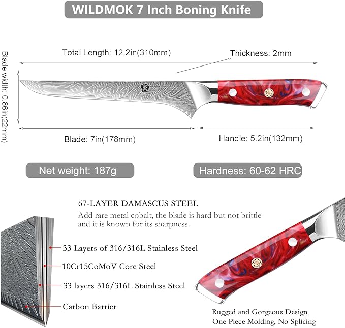 WILDMOK Boning Knife, Damascus Super Steel Forged 67 Layers, Meat Cutting, Trimming, Deboning, Full Tang Resin Handle, Gift Box Included