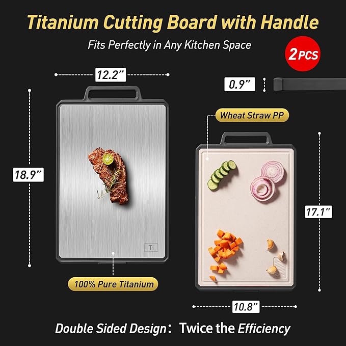2 Packs Pure Titanium Cutting Boards for Kitchen Chopping Board with Handle Large Big Small Kitchen Meat Butcher Block 2 in 1 Titanium and Wheat Straw PP Not Wood Bamboo Plastic Silicone Grey/Beige