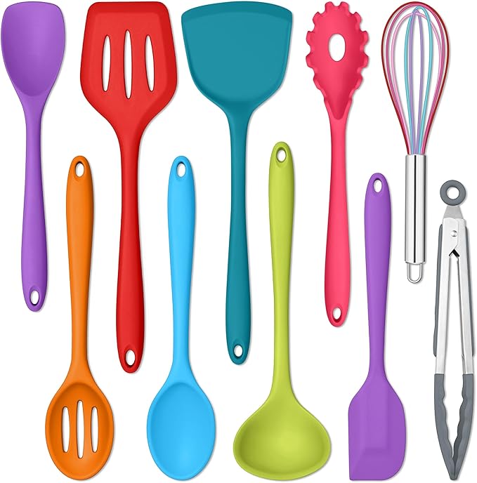 E-far 10 Pcs Silicone Cooking Utensils Set, Heat Resistant Kitchen Utensil Set for Nonstick Cookware, Kitchen Cooking Tools with Spatula, Spoon, Slotted Turner, Non-Toxic & Dishwasher Safe (Colorful)