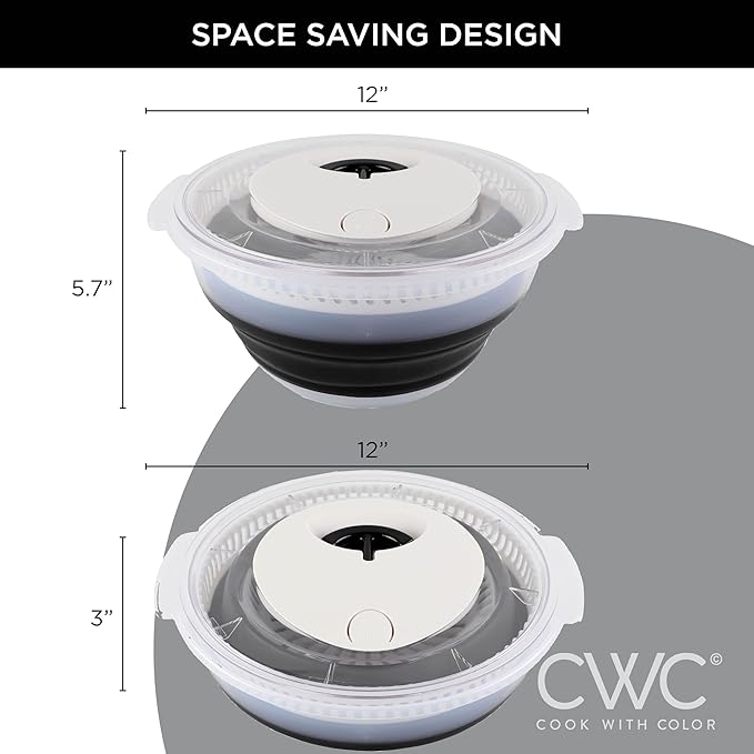 COOK WITH COLOR Collapsible Salad Spinner - 4 QT Space Saving Lettuce Dryer with Folding Collapsible Colander Great for Washing and Drying Fruit and Vegetables (Black)