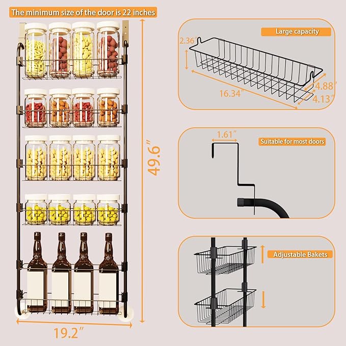 5-Tier Over The Door Pantry Organizers, Pantry Door Organizer and Storage with Adjustable Baskets,Heavy-Duty Metal Spice Rack,essential kitchen and home Shelves(Black)