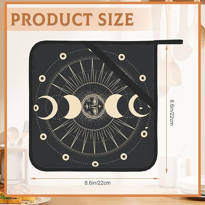 2PCS Star Mystic Sun Astrology Tarot Goth Pot Holder with Loop,Heat Resistant Oven Pads, Hot Pat for Kitchen Cooking Baking Food