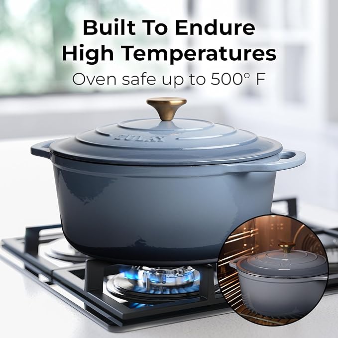 Zulay Kitchen 6 Quart Enameled Cast Iron Dutch Oven with Lid - Premium Durability & Oven Safe up to 500°F – Heavy Duty Cookware Perfect for Bread Baking, Stews, Braising & Roasting - Aquamarine