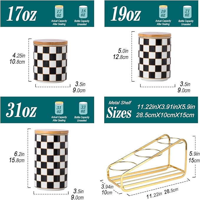 Kitchen Countertop Ceramic Checkered Canisters Set, 3Pcs Grid Pattern Kitchen Jars with Layered Shelves, Sealed Countertop Flour and Sugar Containers, Coffee and Tea Storage