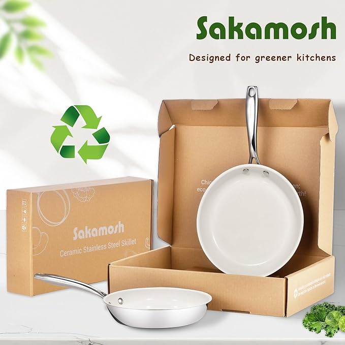 9.5 Inch Nonstick Ceramic Frying Pan, Tri-Ply Stainless Steel Skillet with Stay-Cool Handle, PFAS/PFOA/PTFE Free, No Seasoning Required, High Heat & Induction Safe, Dishwasher/Oven Safe