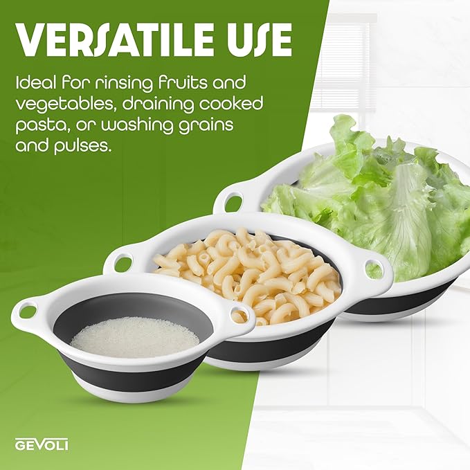 Collapsible Colanders (3 Pack Set) Food Strainers with Over-Sink Water Draining Base for Pasta Fruits and Vegetables, White (3 Sizes, 3QT, 4QT and 5 Quart)