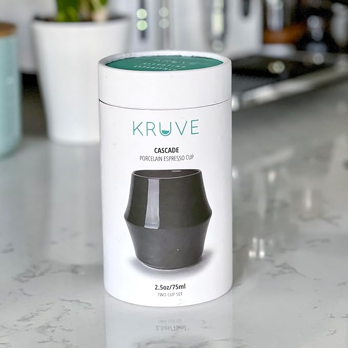 KRUVE CASCADE Porcelain Coffee Cups, 2.5oz Double-Walled Espresso Cups, Sensory Espresso Coffee Mug Set for Heat Retention, Black Porcelain Drinking Glasses with Enhanced Aroma, Elegant Cup Design