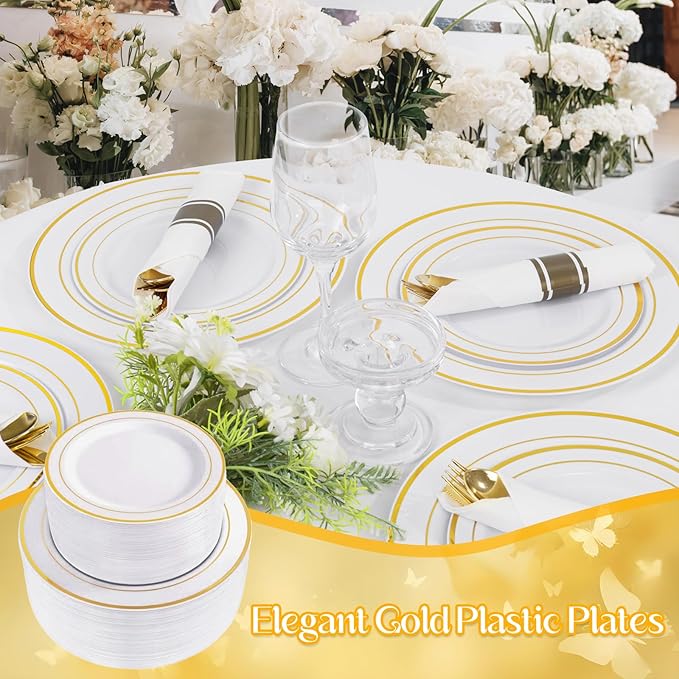 WDF 120 pieces Gold Disposable Plastic Plates - White and Gold Plates Include 10.25" Dinner Plate & 7.5" Salad Plate for Thanksgiving Weddings/Party