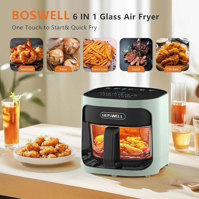 BOSWELL 6 in 1 Glass Air Fryer, 4.5QT Air Fryer with Transparent Glass Pot,Circulating Air Heating, Bake, Broil, Air Fry, Temperature Control, Dishwasher Safe (Green)