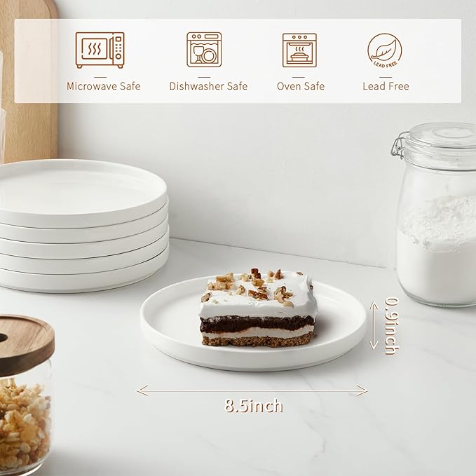 Jassceram 8.5 Inch Small Dinner Plates, Ceramic Flat Plates for Salad, Dessert and Appetizer - Microwave, Oven and Dishwasher Safe, Scratch Resistant and Lead-free, High Edge Dish Set, Set of 6, White