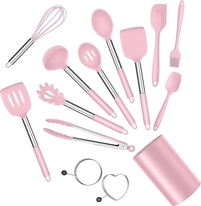 E-far Silicone Cooking Utensils Set, 14-Piece Pink Kitchen Utensils Set with Holder, Kitchen Tools Spatulas with Stainless Steel Handle for Non-stick Cookware, Heat Resistant & Dishwasher safe