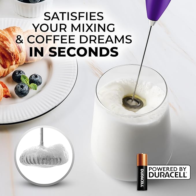 Zulay Kitchen Milk Frother Handheld Electric Whisk with AA Duracell Batteries – Durable Drink Mixer for Coffee, Lattes, Cappuccinos & More - Purple