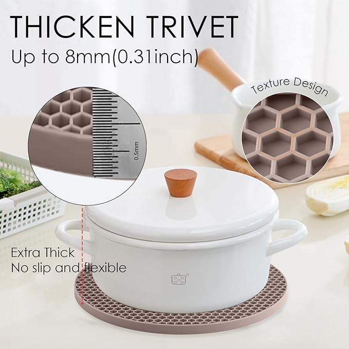 Silicone Trivets for Hot Dishes, 4 PCS Multipurpose Heat Resistant Mat Thick Silicone Hot Pads Pot Holders for Kitchen Counter, Flexible Jar Opener Food Grade Spoon Holder, Silicone Coasters (Almond)