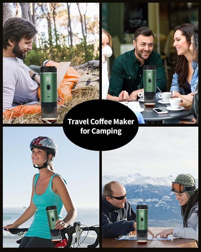 Portable Electric Espresso Machine, Car Coffee Maker for Travel Camping, Battery Powered Coffee Brewer Compatible with Ground Coffee & NS Capsules, Green