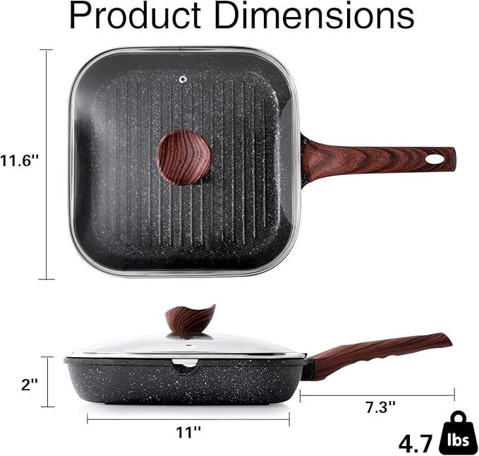 Nonstick Grilling Pan with Lid for Stove Tops, 11 Inch Square Grill Pan for Indoor Cooking, Granite Coating Grill Skillet with Pour Spouts, Versatile Griddle, Induction Steak Pan, PFOA Free