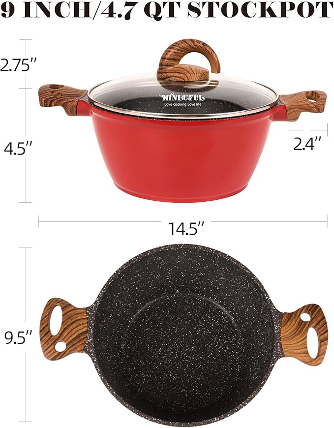 Nonstick Stockpot with Lid - 9 Inch/4.7 Quart Granite Coated Nonstick Stock Pot, All Stove Compatible Soup Pasta Cooking Pot, Red