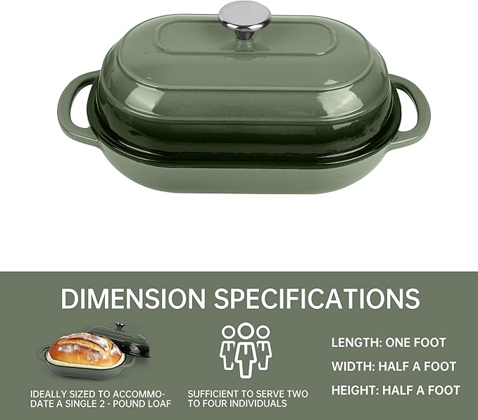 Premium Enameled Cast Iron Dutch Oven for Bread Baking | Non-Stick 5QT Oval Bread Oven with Lid | Perfect for Sourdough, Loaf, and Artisan Baking (Green, 5 QT)