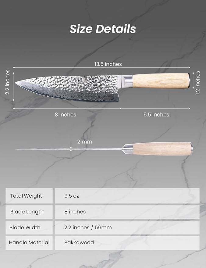 8" VG-10, 67-Layer Genuine Damascus Chef Knife, SGS Lab-Verified Sharpness & Edge Retention, Ergonomic Balanced Handle, Ideal for Home Use & Gifting