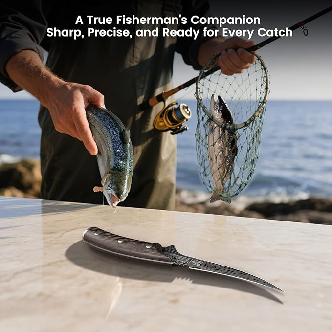 Fillet Knife, Razor Sharp 7.2 Inch Boning Knife, High Carbon Stainless Steel Filet Knives with High Flexibility, Wooden Handle, Full Tang Damascus Pattern Fishing Knives, Fishing Gifts for Men