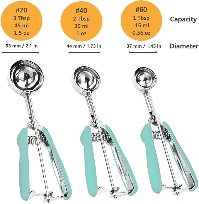 Cookie Scoop Set, 3Pcs Ice Cream Scoop, Cookie Scoops for Baking Set of 3, 18/8 Stainless Steel Cookie Scooper for Baking, Ice Cream Scooper with Trigger Release, Mint Soft Grip Cookie Dough Scoop