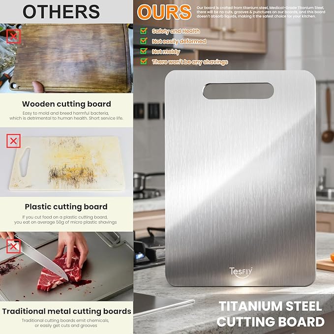 New Titanium Cutting Board -100% Pure Titanium Cutting Boards For Kitche,Easy to clean, Double-sided food-grade Cutting Board For Meats, Fruits And Vegetables (15 * 11)