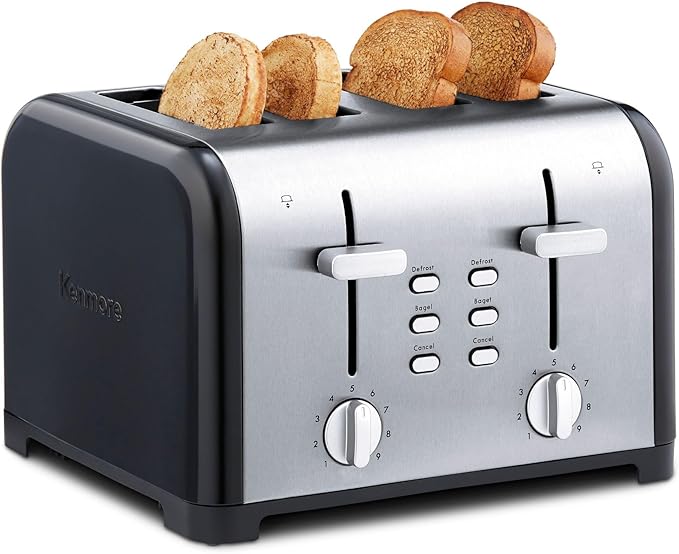 Kenmore toaster 4 slice - extra wide slot countertop kitchen appliance, defrost function, tostador de pan, 9 shade settings, compact design, easy clean crumb tray, bread bagel, stainless steel & black