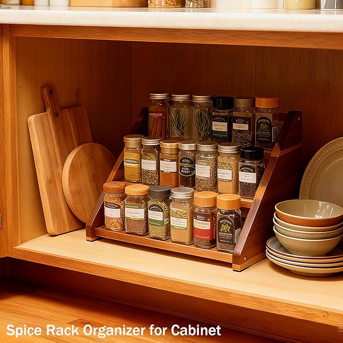 Acacia Wooden Spice Rack for Countertop - 3 Tiered Spice Rack Organizer for Cabinet - Kitchen Spices Organizers Holds 24 Jars - Spices Shelf for Kitchen Storage Pantry Seasoning Organizer