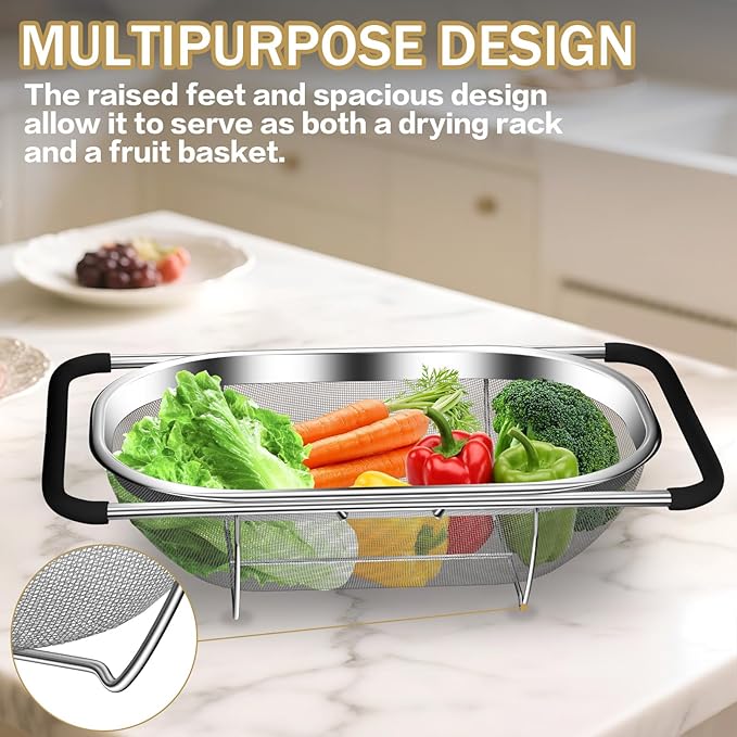 Over the Sink Colander - Strainers and Colanders - Stainless Steel Strainer - Expandable Sink Colander with Rubber Grip for Strain, Drain, Rinse Fruits, Vegetables, Home Kitchen Essentials
