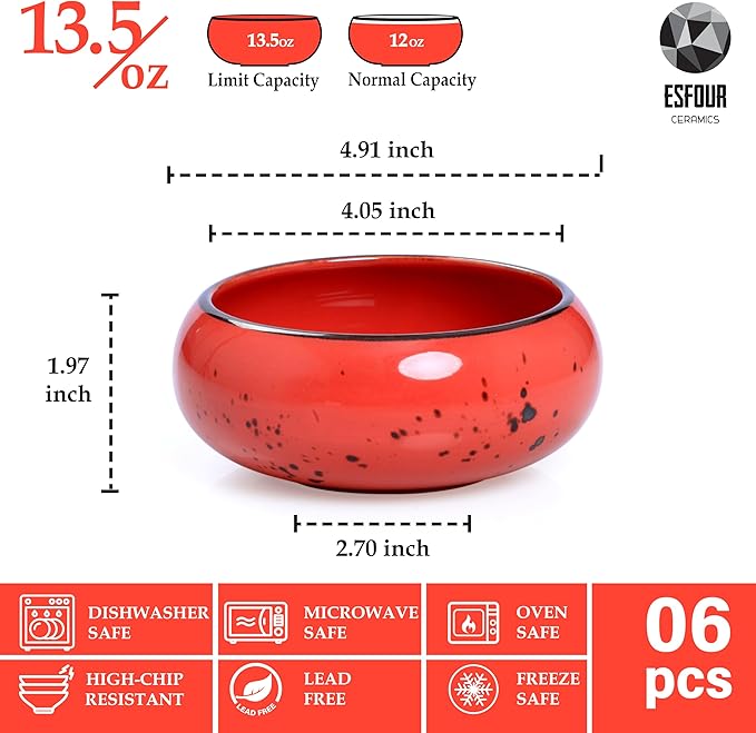 Small Hand Craft Dessert Bowls - 12oz, Set of 6 - Microwave, Oven, Dishwasher Safe, Ice Cream, Soup, Snacks, Rice, Cereal, Chili, Side Dishes, Dips, Ideal Gift - Vivid Assorted Colors