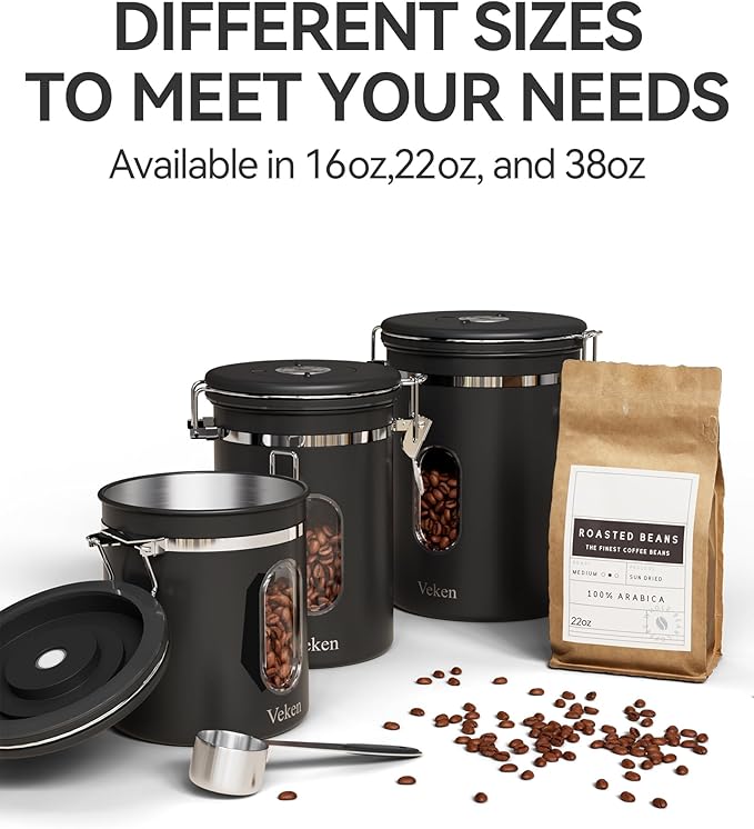 Veken Coffee Canister with Window, Airtight Stainless Steel Kitchen Food Storage Container with Date Tracker and Scoop for Grounds Coffee, Beans, Tea, Flour, Cereal, Sugar, 38&16OZ,Black