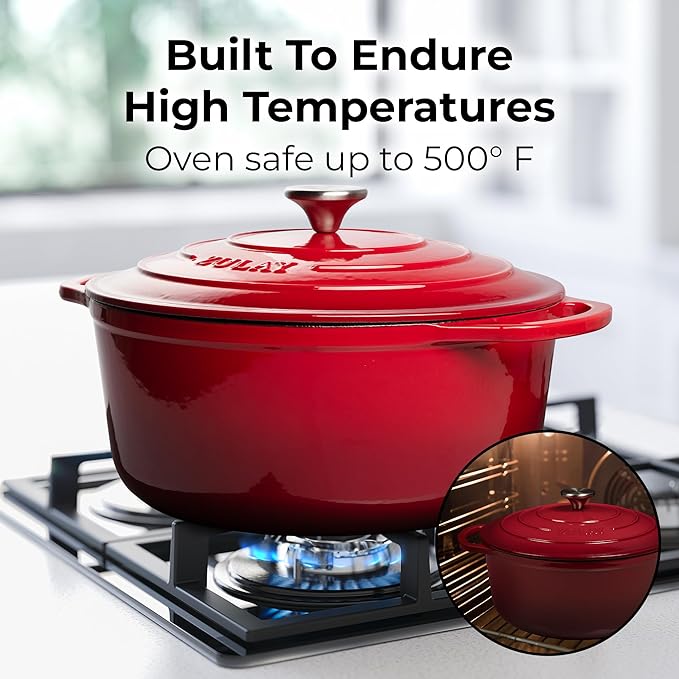 Zulay Kitchen 7.7 Quart Enameled Cast Iron Dutch Oven with Lid, Silicone Trivet & Heat Pad – Premium Durability & Oven Safe up to 500°F – Heavy Duty Cookware Perfect for Bread Baking, Stews, Braising & Roasting – Red
