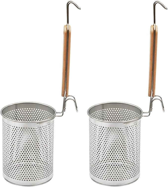 Stainless Steel Pasta Strainer, 2pcs Micro-Perforated Food Dumpling Noodle Strainer with Wood Handle Straining Noodles Pasta Baskets