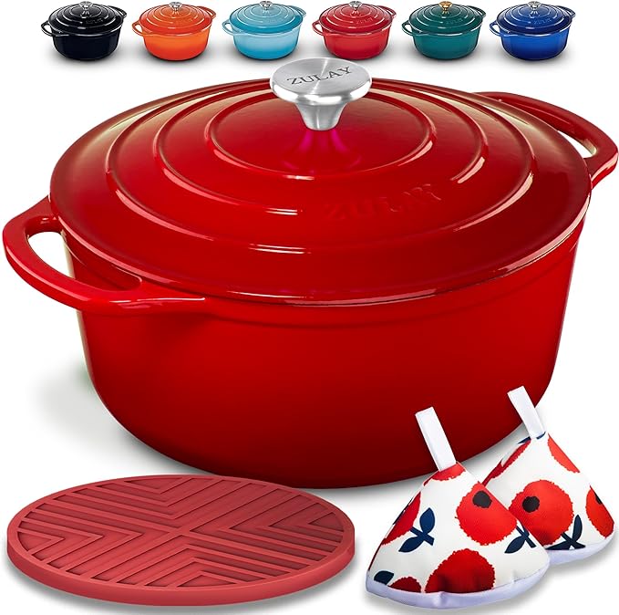 Zulay Kitchen 7.7 Quart Enameled Cast Iron Dutch Oven with Lid, Silicone Trivet & Heat Pad – Premium Durability & Oven Safe up to 500°F – Heavy Duty Cookware Perfect for Bread Baking, Stews, Braising & Roasting – Red